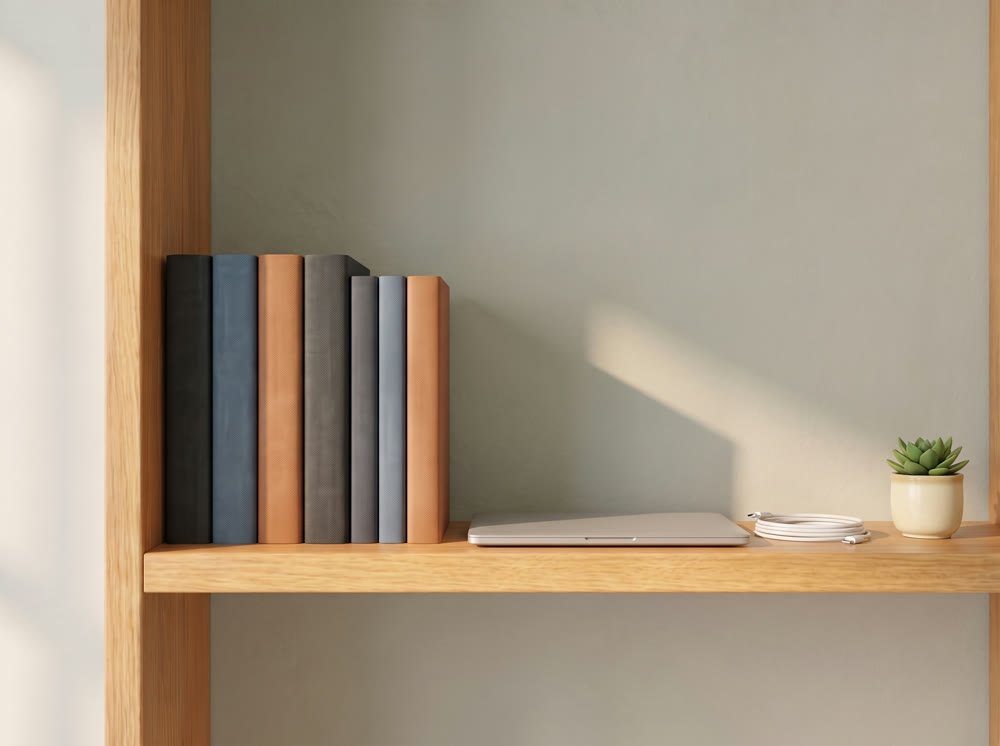 A sunlit oak shelf of charcoal, steel blue, and copper guides beside a closed laptop and a small succulent